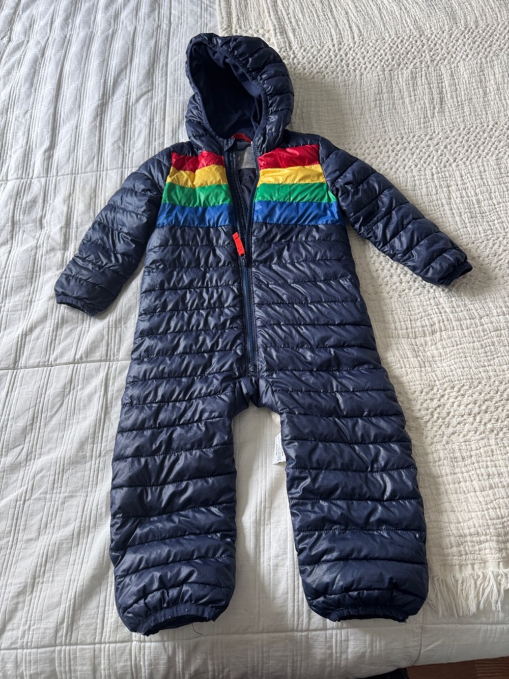 Primark Navy Blue Puffer Jacket with Red, Yellow, Green Stripes